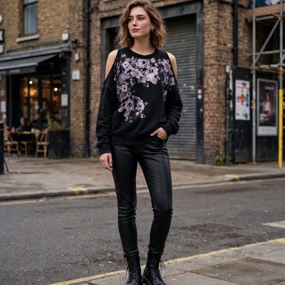 ALLSAINTS Black Floral Cold‎ Shoulder Sweatshirt Sweater Top Womens Medium